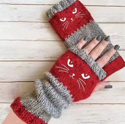 🔥LETZTER TAG – KAUF 1, ERHALTE 1 GRATIS🧤Damen-Strickhandschuhe ohne Finger mit süßem Katzenmuster🐱